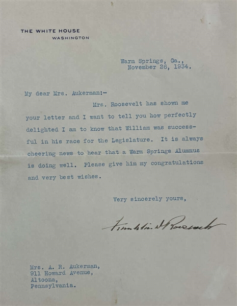 Franklin D. Roosevelt Signed 1934 White House Letter (Beckett/BAS)