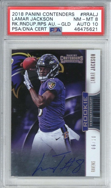 Lamar Jackson Signed 2018 Panini Contenders Rookie Roundup Gold /10 Card (PSA Graded 8 w/ 10 Auto)