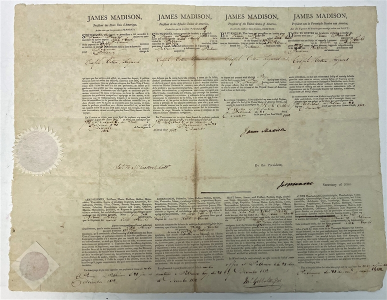 James Madison and James Monroe Dual Signed 1812 Ship Papers (Beckett/BAS Guaranteed)