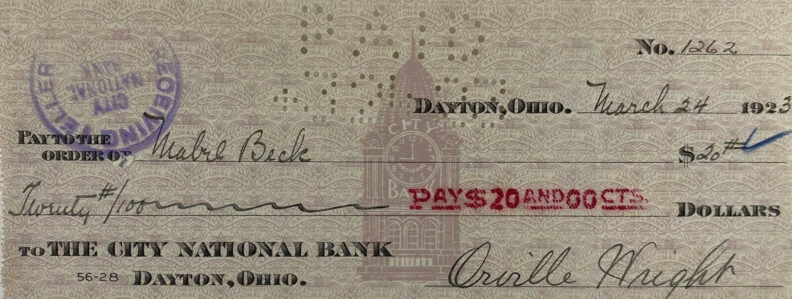 Orville Wright Signed 1923 Bank Check (Beckett/BAS)