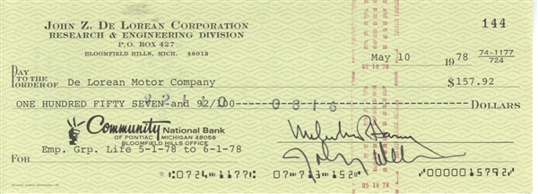 John DeLorean Signed 1978 Bank Check (Beckett/BAS)
