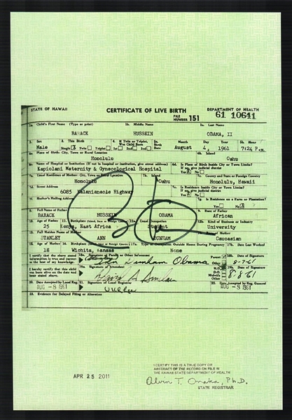 Barack Obama RARE Signed Birth Certificate Transcript! (Beckett/BAS Guaranteed)