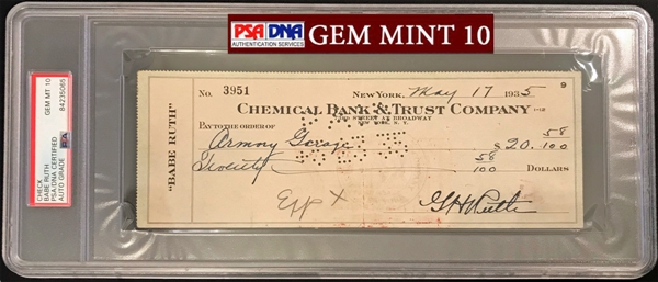 Babe Ruth Superb Handwritten & Signed Bank Check :: JSA LOA & PSA/DNA Graded GEM MINT 10 Autograph!