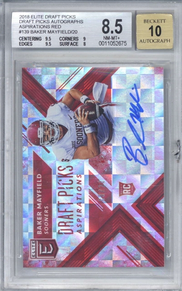 Baker Mayfield Signed 2018 Elite Draft Picks Aspirations Red /20 Rookie Card (Beckett/BGS Graded 8.5 w/ 10 Auto)