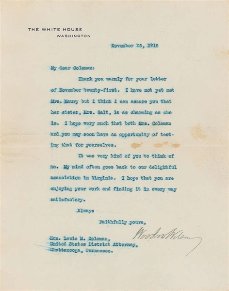 Woodrow Wilson Signed 1915 White House Letter (Beckett/BAS)