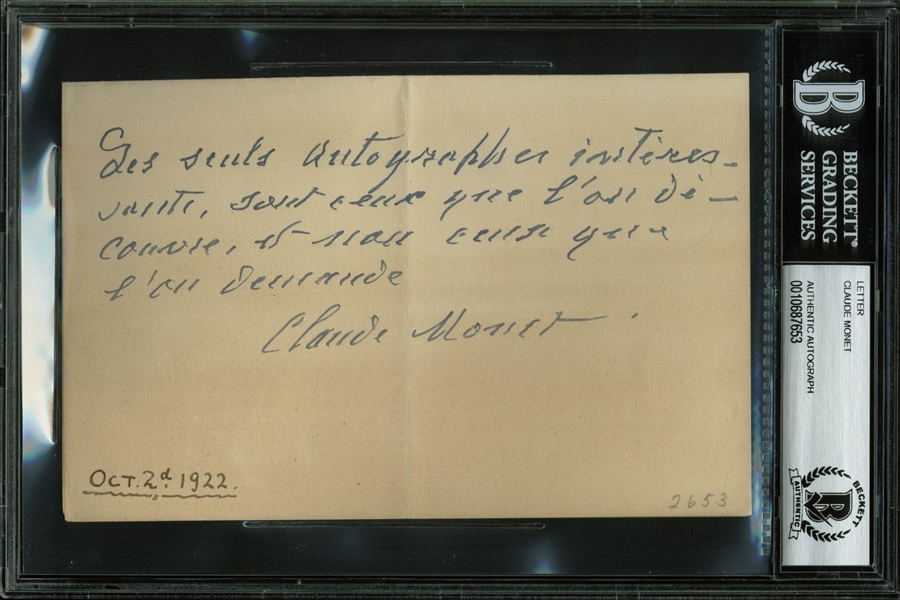 ULTRA-RARE Claude Monet Handwritten & Signed Note in French w/ Quote About Autographs! (BAS/Beckett Encapsulated) 
