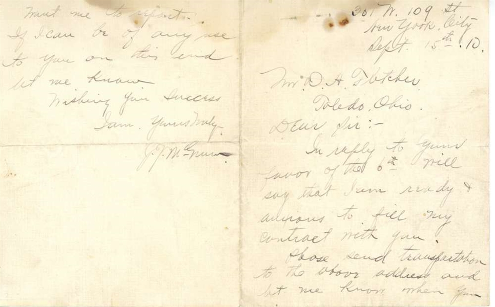 John McGraw ULTRA-RARE Signed & Handwritten 1910 Letter (JSA)