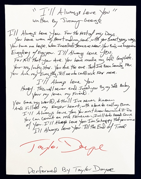 Taylor Dayne Handwritten & Signed Lyrics to "Ill Always Love You" (Beckett/BAS Guaranteed)
