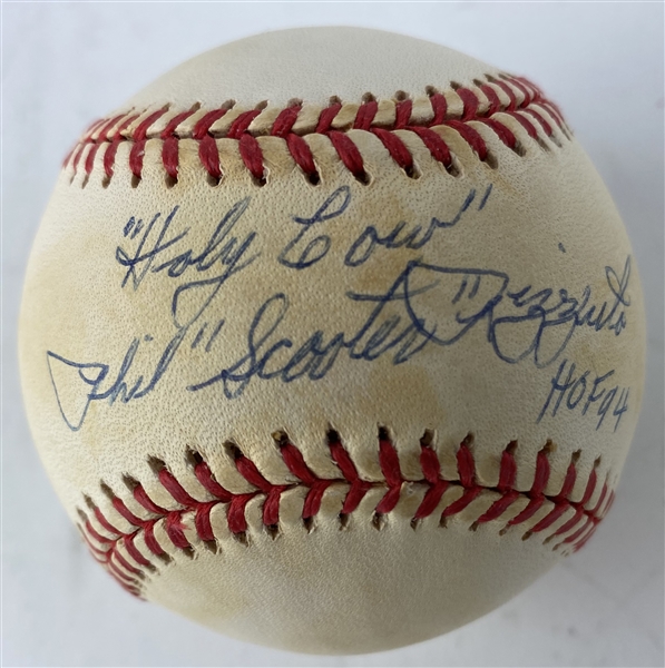 Phil "Scooter" Rizzuto Signed & Inscribed "Holy Cow HOF 94" OAL Baseball (Beckett/BAS Guaranteed) 