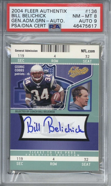 Bill Belichick Signed 2004 Fleer Authentix General Admission Green #136 /100 Card (PSA Graded 8 w/ 9 Auto)