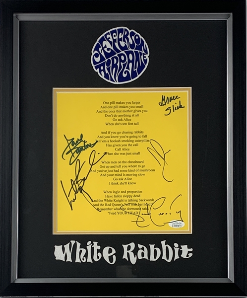 Jefferson Airplane Signed "White Rabbit" Lyric Sheet in Custom Framed Display (Original Lineup)(JSA COA)