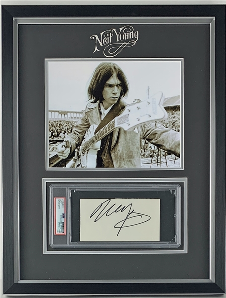Neil Young Signed 3" x 5" Encapsulated Sheet in Custom Framed Display (PSA/DNA Encapsulated)