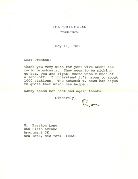 Ronald Reagan Signed White House Letter (Beckett/BAS)