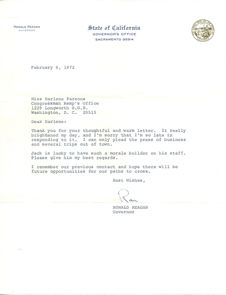 Ronald Reagan Signed 1972 Letter (Beckett/BAS)