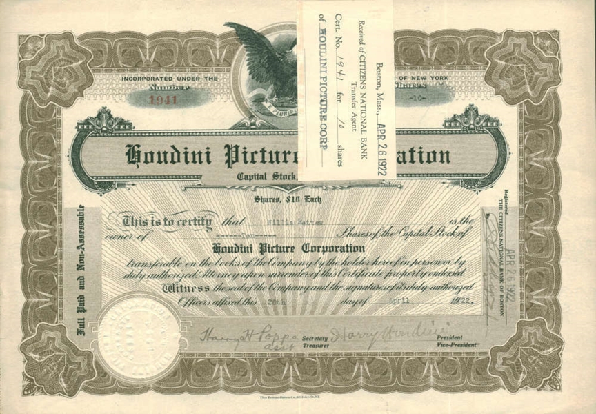 Harry Houdini Signed 1922 Houdini Picture Corporation Stock Certificate (Beckett/BAS)
