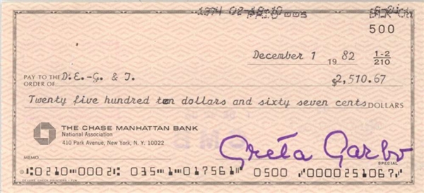 Greta Garbo Near-Mint Signed Personal Bank Check (Beckett/BAS)