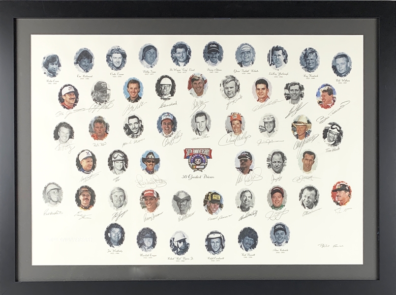 NASCAR 50 Greatest Drivers Signed 39" x 26" Lithograph in Custom Framed Display (36 Sigs)(PSA/DNA LOA)