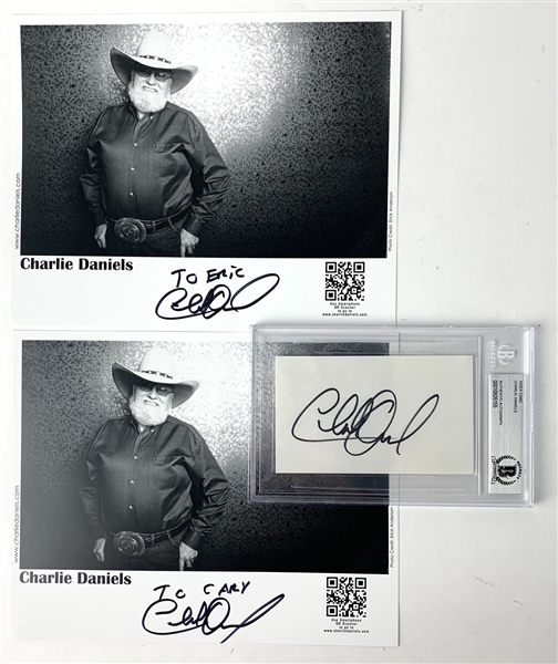 Charlie Daniels Lot of Three (3) Signed Items incl. Signed Photos & Signed Encapsulated Note Card (Beckett/BAS Encapsulated)