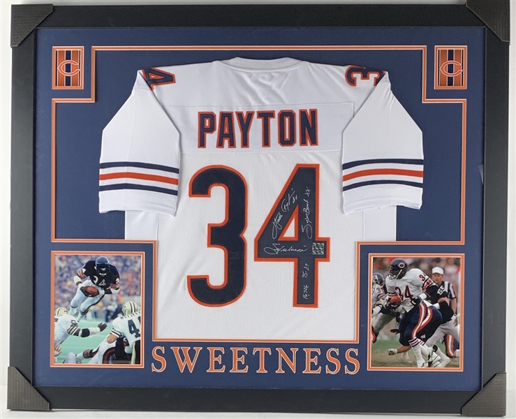 Walter Payton Signed Chicago Bears Jersey with 5 Handwritten Inscriptions in Custom Framed Display (Payton Foundation LOA)
