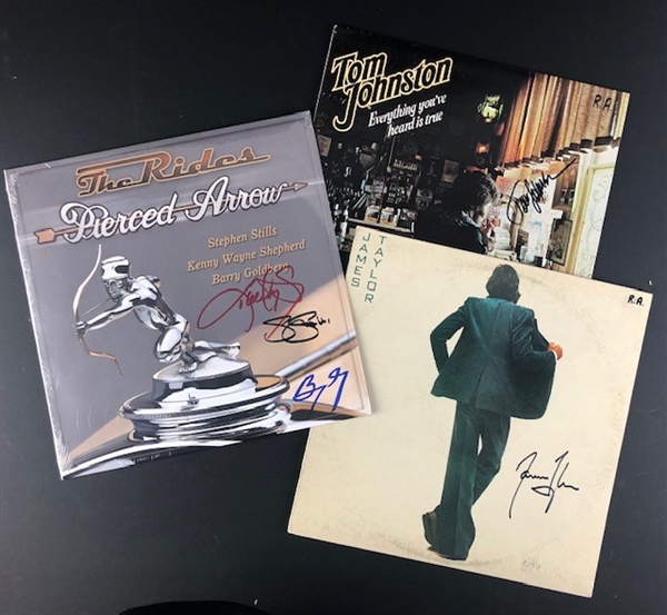 R&R Hall of Famer Lot of three (3) Albums: The Rides Group Signed Album "Pierced Arrow", James Taylor Signed "In The Pocket" Album, and Tom Johnston signed "Everything You Heard Is True" Album
