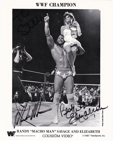 Macho Man Randy Savage and Miss Elizabeth signed WWF 1987 Promo Photo (Beckett/BAS Guaranteed)