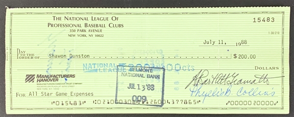 Bart Giamatti Signed National League Check - Payable to Shawon Dunston for 1988 All-Star Game Per Diem! (Beckett/BAS Guaranteed)