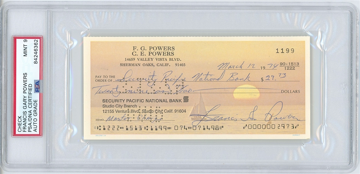 Francis Gary Powers 6” x 2.75” Handwritten & Signed Check (PSA Encapsulated MINT 9 Autograph Grade) 