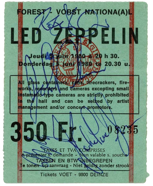 Led Zeppelin 1980 Fully Group Signed German Concert Ticket Including Bonham (4 Sigs) (Beckett/BAS Guaranteed) (Tracks COA)