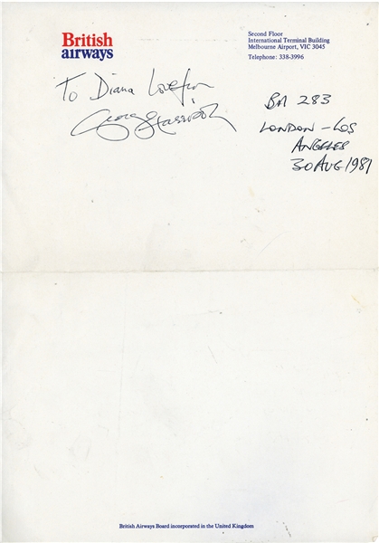 Beatles: George Harrison Signed British Airways Letterhead (Beckett/BAS Guaranteed) (Tracks COA) 