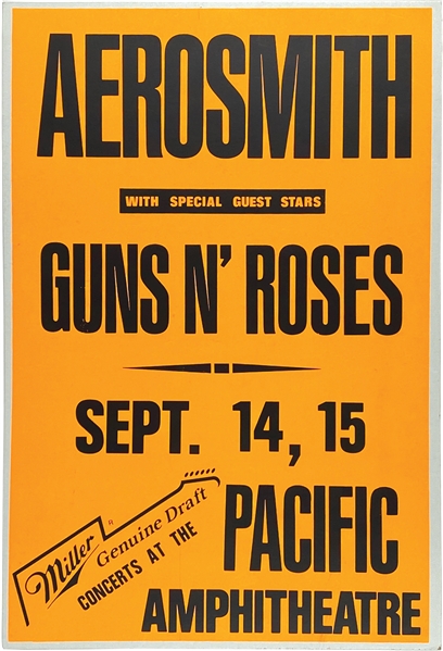 Aerosmith/Guns N’ Roses Pacific Amphitheatre Concert 15” x 22” Window Card Poster (1988) 