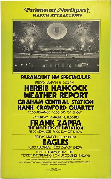 Eagles/Frank Zappa Paramount Northwest Show 13.5” x 22” Window Card Poster (1971) 