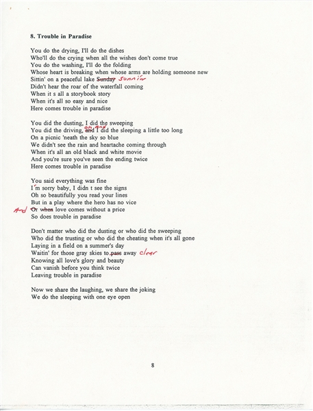 Bruce Springsteen Hand-Annotated “Trouble in Paradise” Typed Lyrics (Beckett/BAS Guaranteed) 