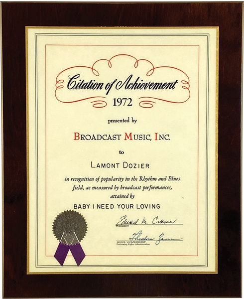 BMI Original Award for “Baby I Need Your Loving" Presented to Lamont Dozier