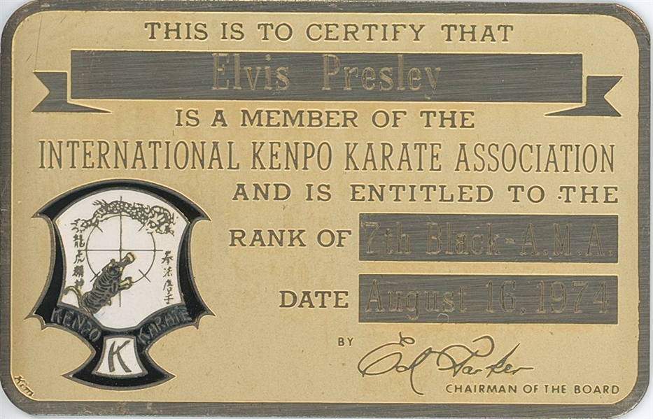 Elvis Presley’s Personally Owned 1974 Gold-Plated IKKA Kenpo Karate Card (JD Sumner & EP Archives LOAs)   