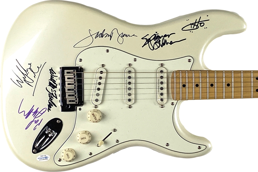 Multi-Signed White Fender Squier Stratocaster: Jackson Browne, etc (6 Sigs) (ACOA Cert) 