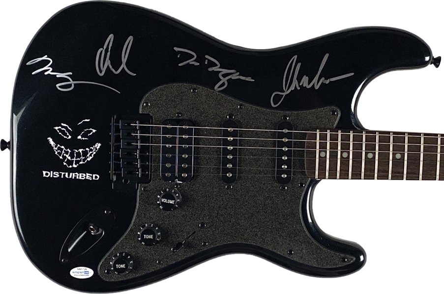 Disturbed Group Signed Black Fender Squier Stratocaster Guitar (4 Sigs) (ACOA Cert)