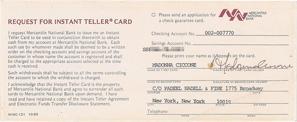 Madonna Rare 1985 ATM Card Application with full "Madonna Ciccone" Signature (Beckett/BAS Guaranteed)