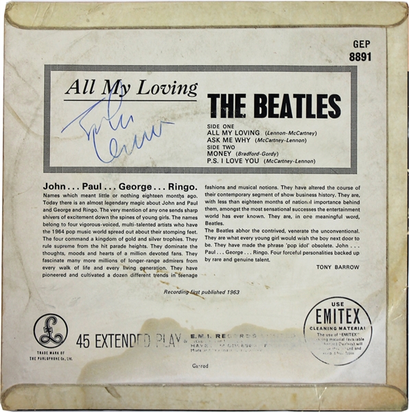 The Beatles: John Lennon Signed "All My Loving" UK Parlaphone 45 RPM Record Single (Epperson/REAL)