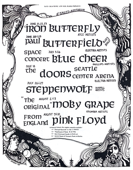 The Doors & Pink Floyd Vintage Concert Handbill for 1968 Shows in Seattle, WA