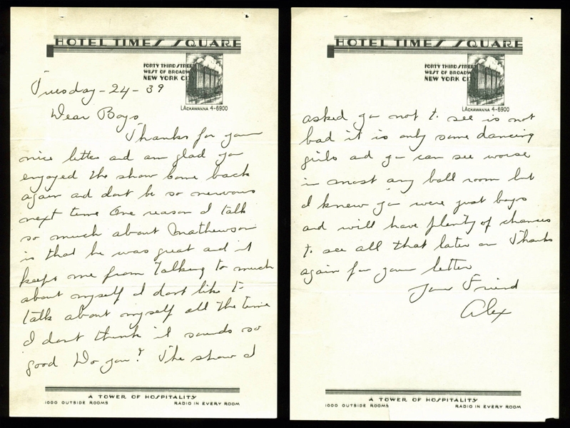 Grover Cleveland Alexander Handwritten & Signed 2-Page Letter (JSA)