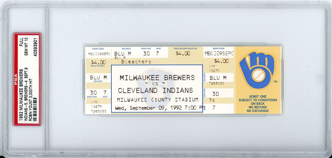 Robin Yount #3000 Hit Full 1992 Milwaukee Brewers Ticket (GEM MINT 10) (PSA Encapsulated)