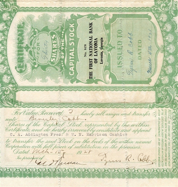 Ty Cobb Rare Signed 1928 Stock Transfer Certificate (JSA)