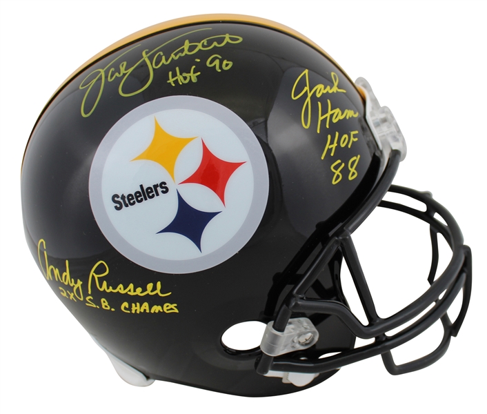 Steelers LBs (3) Lambert, Ham & Russell Signed Full Size Rep Helmet (Beckett COA)