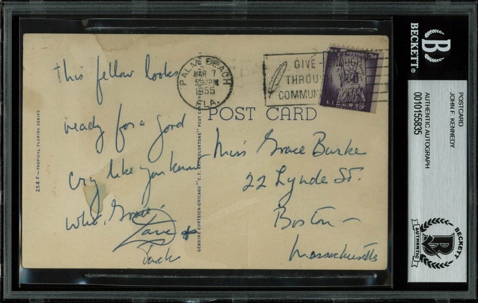 John F. Kennedy Handwritten & Signed 1955 Postcard w/ Surprising Racially Insensitive Content (BAS/Beckett Encapsulated)