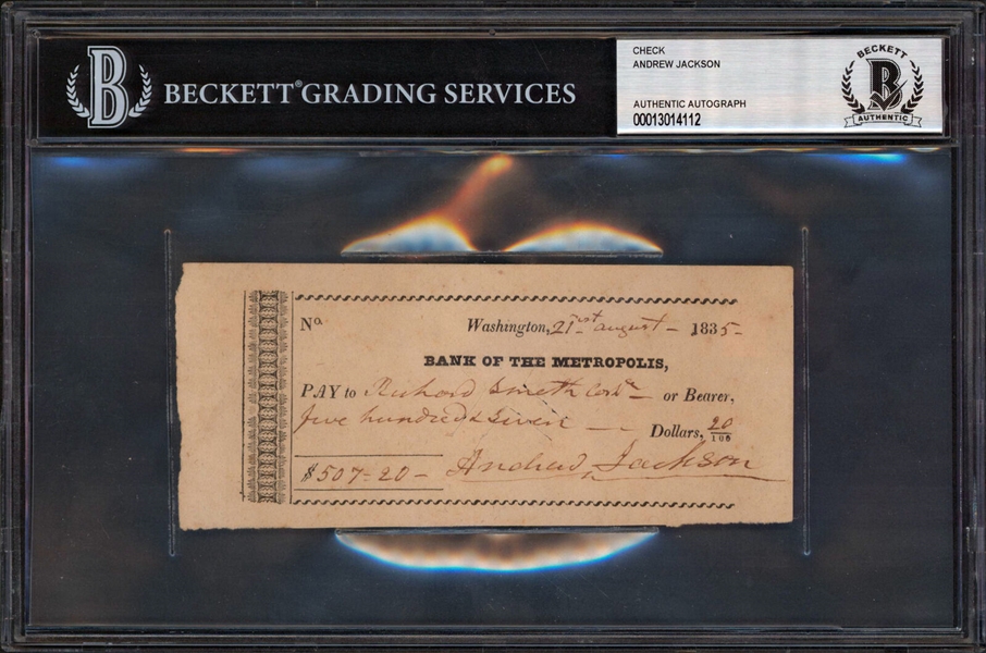 Andrew Jackson Handwritten & Signed Bank Check as President (Beckett/BAS Encapsulated)