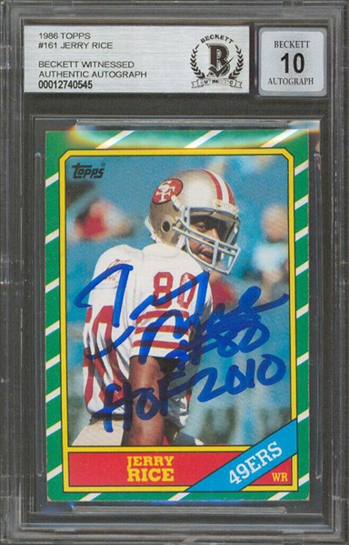 Jerry Rice Signed 1986 Topps Rookie Card with HOF 2010 Inscription - Beckett/BAS Graded GEM MINT 10 Autograph!