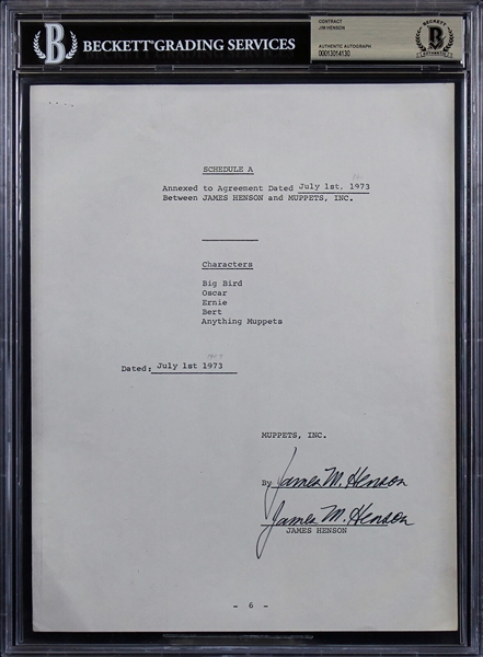 The Muppets: Jim Henson Double Signed Document with Rare Full Legal Signatures (Beckett/BAS Encapsulated)