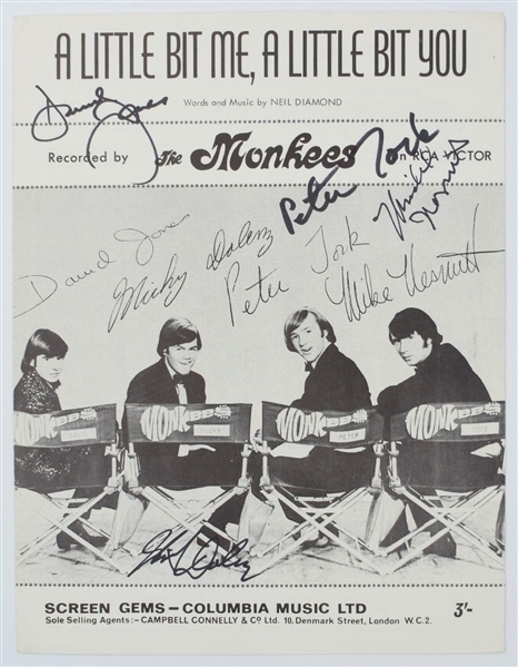 THE MONKEES: Group Signed "A Little Bit Me" Sheet Music, includes Jones, Tork, Dolenz, and Nesmith! (JSA)