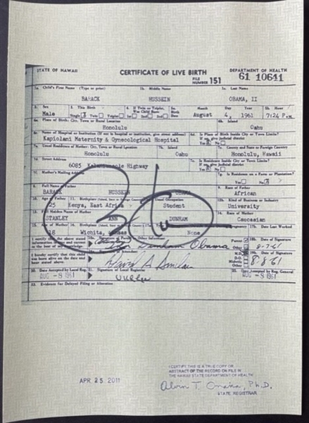 President Barack Obama Signed Typescript “Birth Certificate” (Beckett/BAS Guaranteed)