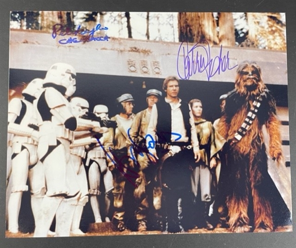 Harrison Ford, Peter Mayhew & Carrie Fisher Signed 10" x 8" Photograph (Beckett/BAS)